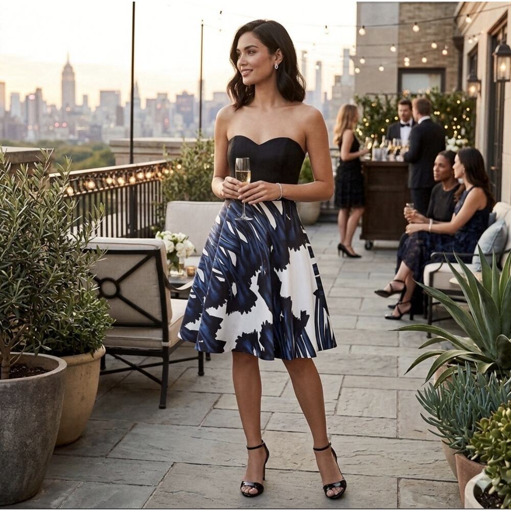 Halston Strapless A-line Cocktail Dress Bold Abstract Floral Navy Black White 10